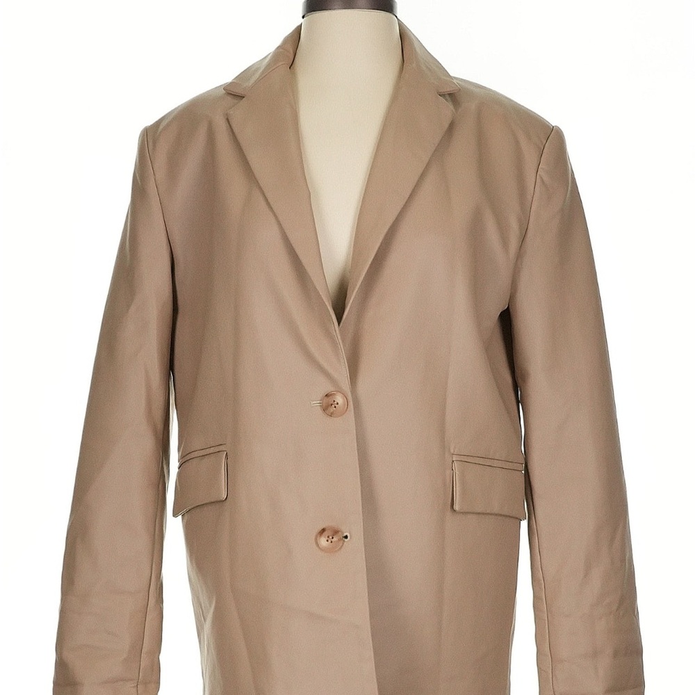 Tan PU leather Blazer with Button Closure